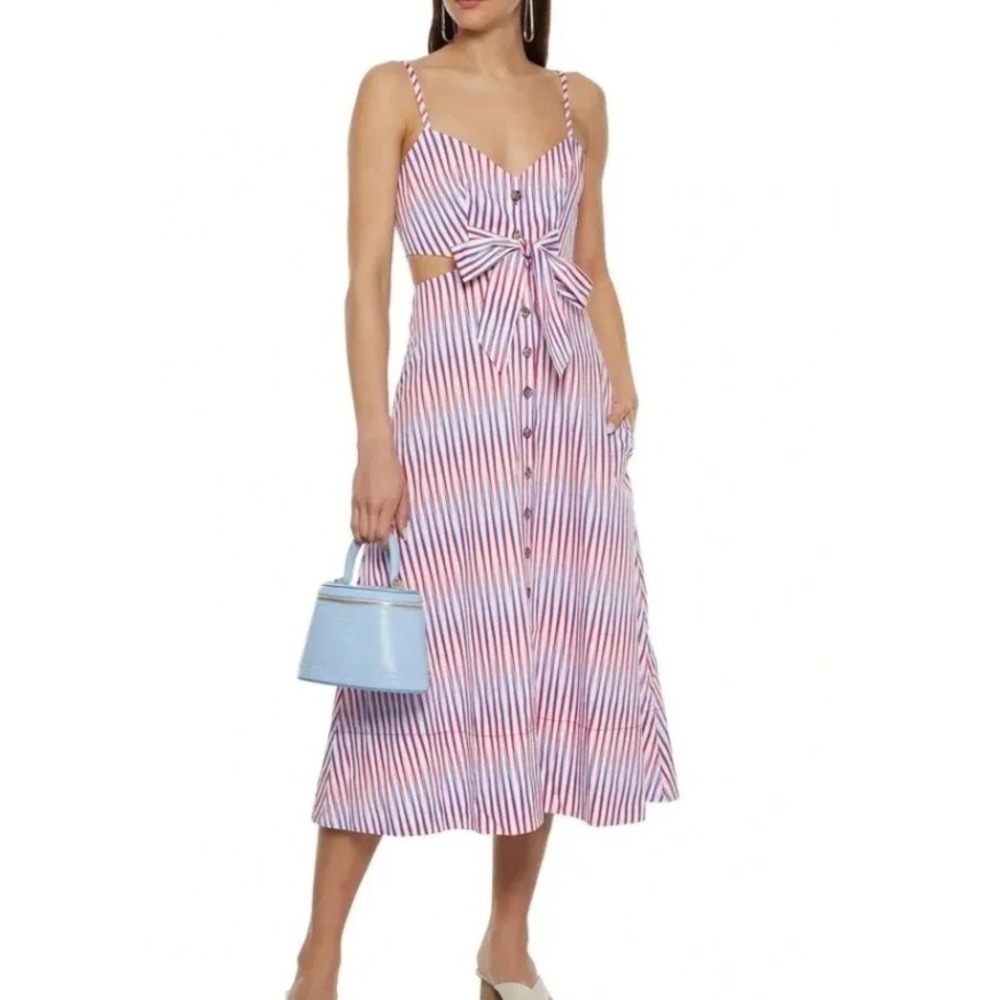 Saloni Lea Cut-Out Tie Front Striped Midi Dress in Red White Blue sz 8